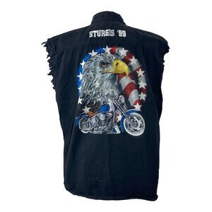 Mens Large Button Down Vest Shirt Black Vintage Sturgis Rally 1999 Eagle Graphic